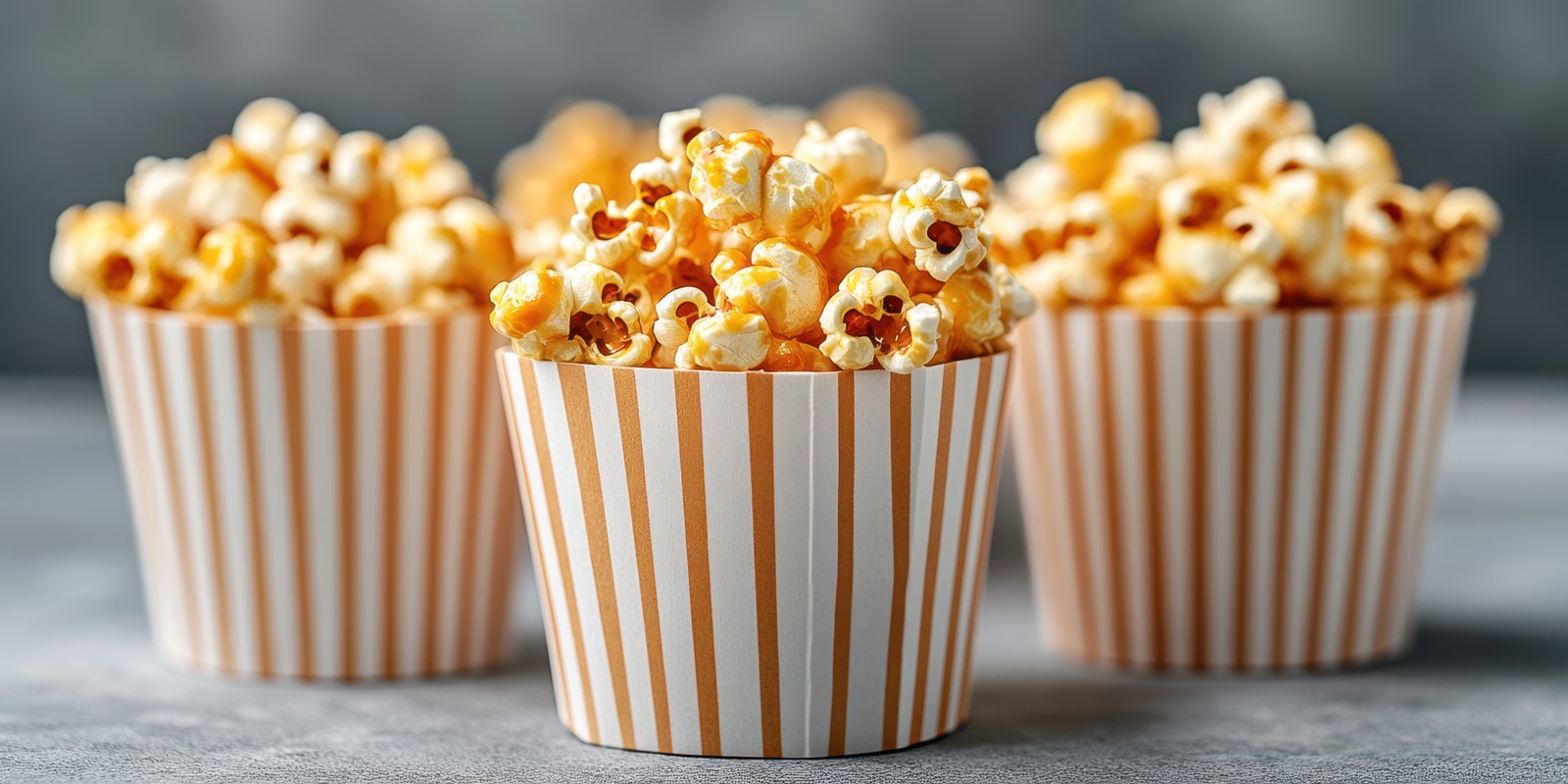 Freshly popped popcorn served in striped containers at a relaxed movie night gathering
